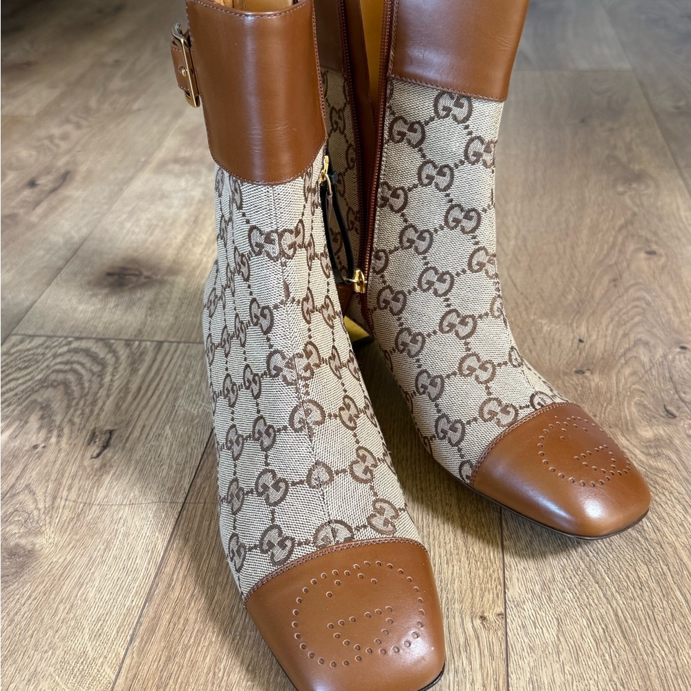 Gucci Beige and Brown Monogram Ankle Boots